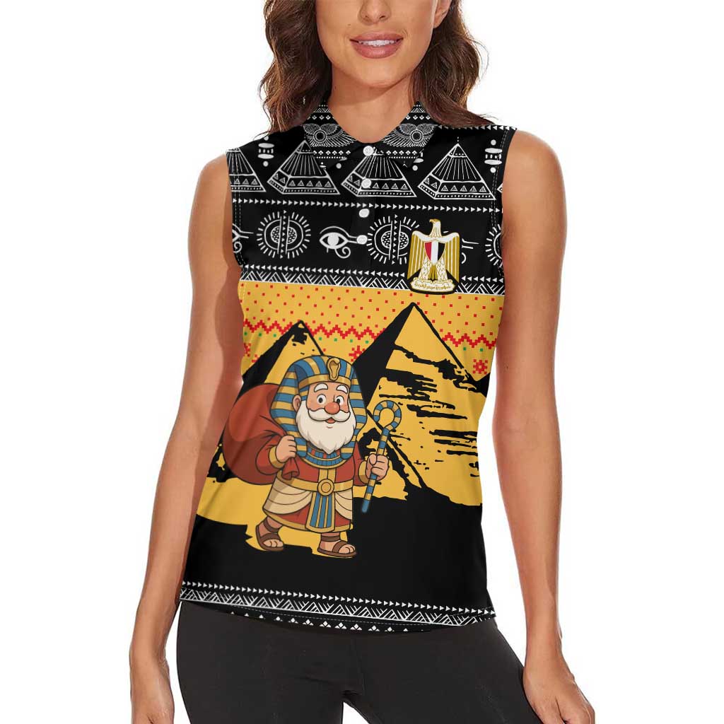 Egypt Christmas Women Sleeveless Polo Shirt with Pharaoh Santa Pyramids Eye of Horus and Ancient Egyptian - Wonder Print Shop