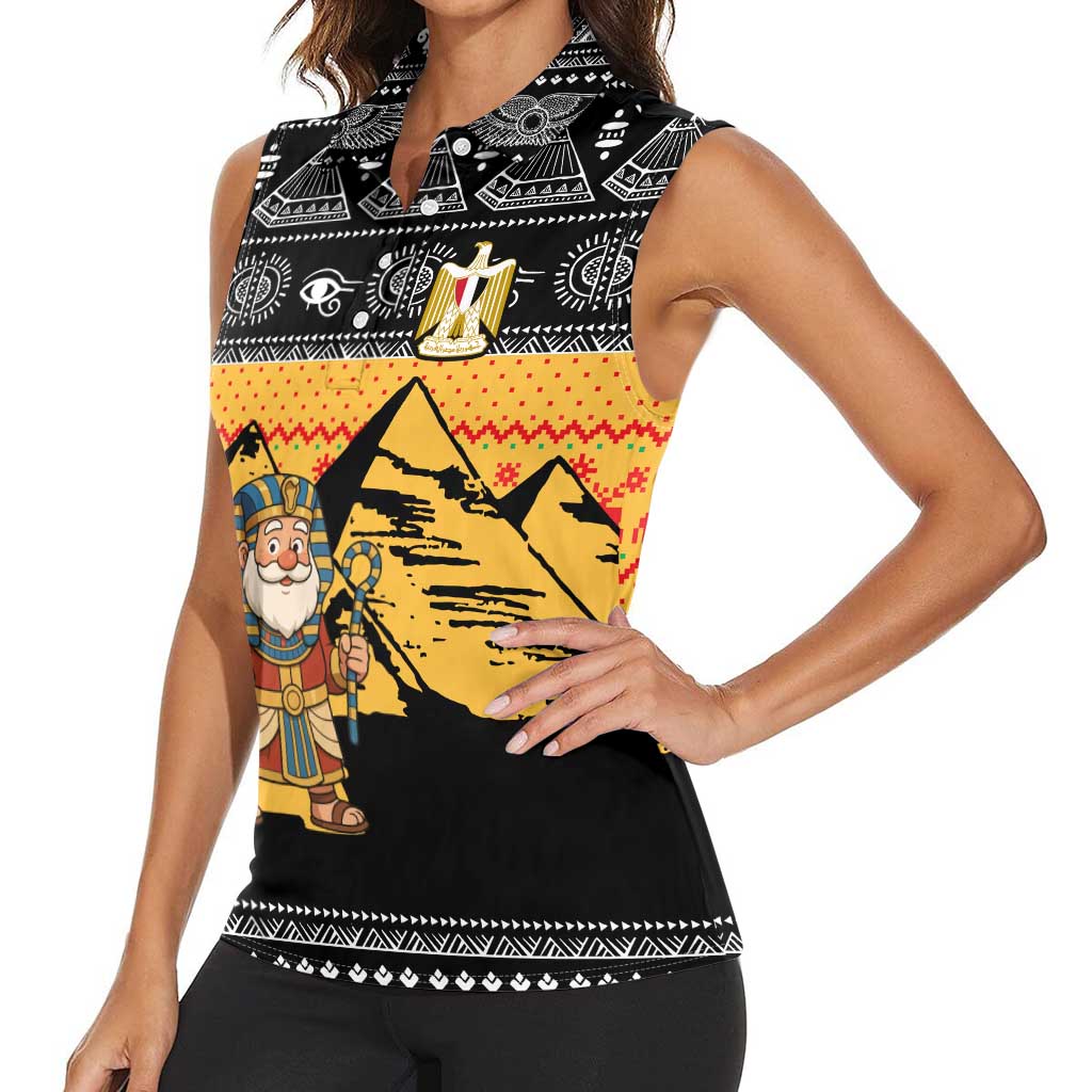 Egypt Christmas Women Sleeveless Polo Shirt with Pharaoh Santa Pyramids Eye of Horus and Ancient Egyptian - Wonder Print Shop