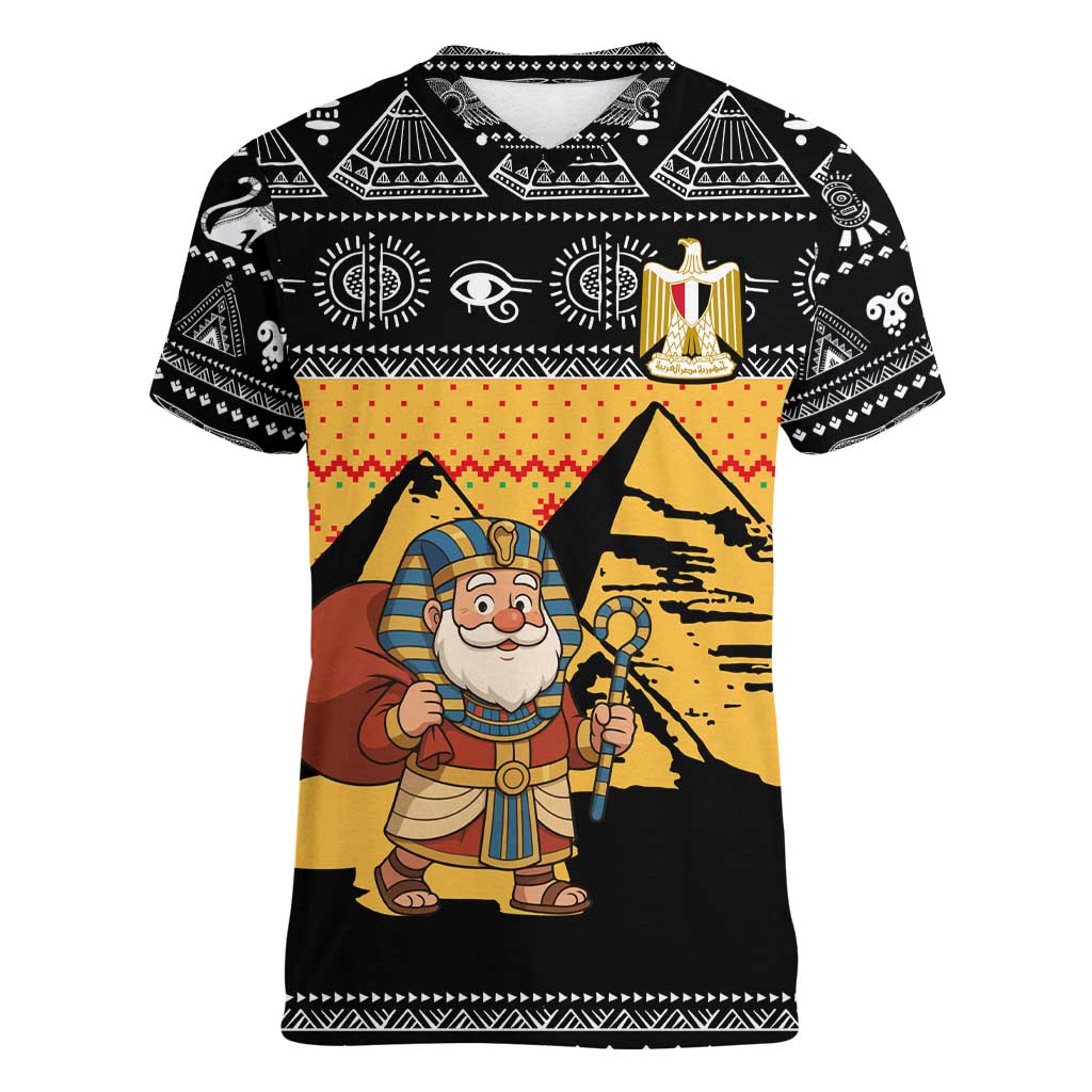 Egypt Christmas Women V-Neck T-Shirt with Pharaoh Santa Pyramids Eye of Horus and Ancient Egyptian - Wonder Print Shop