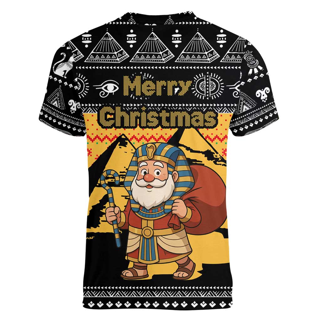 Egypt Christmas Women V-Neck T-Shirt with Pharaoh Santa Pyramids Eye of Horus and Ancient Egyptian - Wonder Print Shop