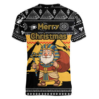 Egypt Christmas Women V-Neck T-Shirt with Pharaoh Santa Pyramids Eye of Horus and Ancient Egyptian - Wonder Print Shop