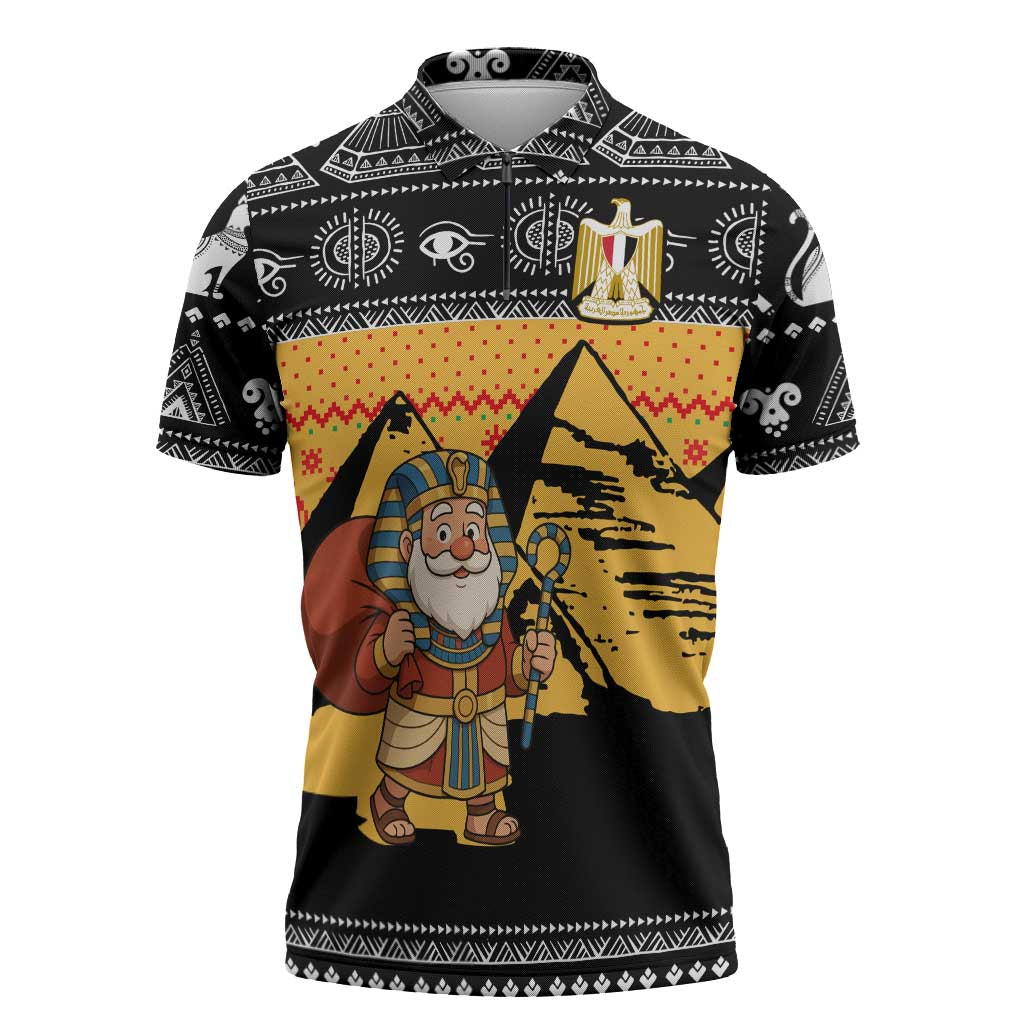 Egypt Christmas Zipper Polo Shirt with Pharaoh Santa Pyramids Eye of Horus and Ancient Egyptian - Wonder Print Shop