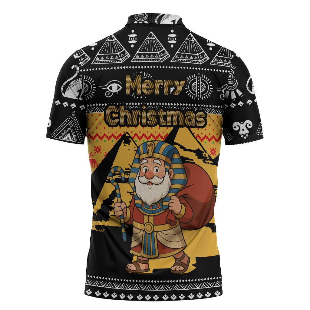 Egypt Christmas Zipper Polo Shirt with Pharaoh Santa Pyramids Eye of Horus and Ancient Egyptian - Wonder Print Shop