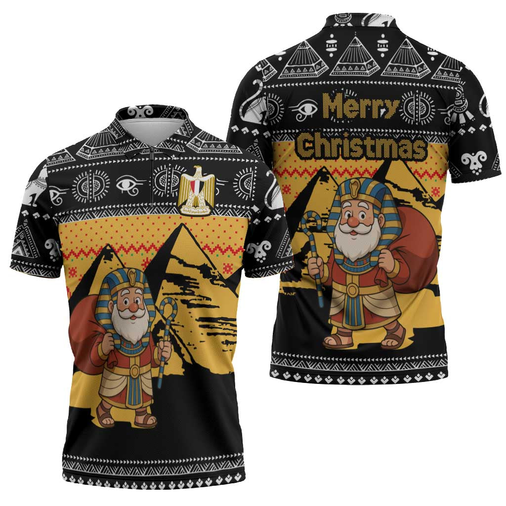 Egypt Christmas Zipper Polo Shirt with Pharaoh Santa Pyramids Eye of Horus and Ancient Egyptian - Wonder Print Shop