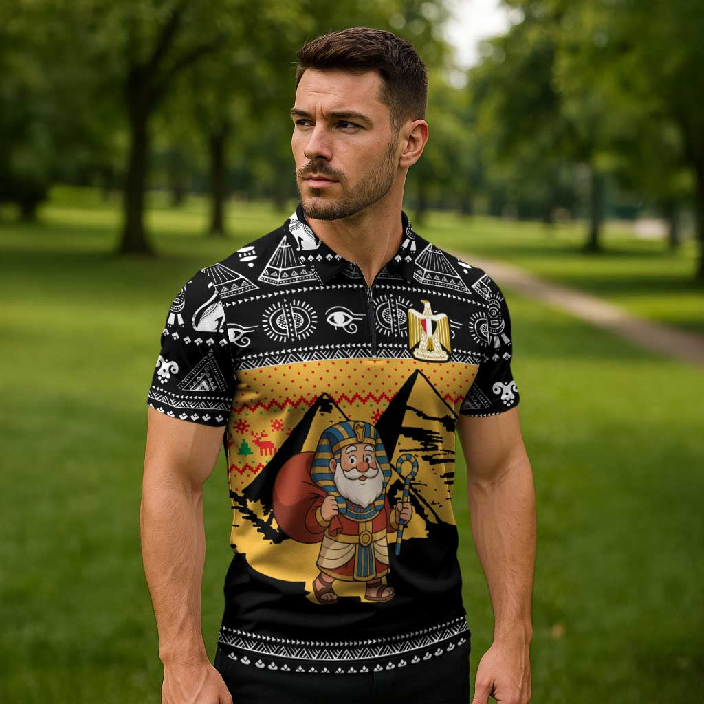 Egypt Christmas Zipper Polo Shirt with Pharaoh Santa Pyramids Eye of Horus and Ancient Egyptian - Wonder Print Shop