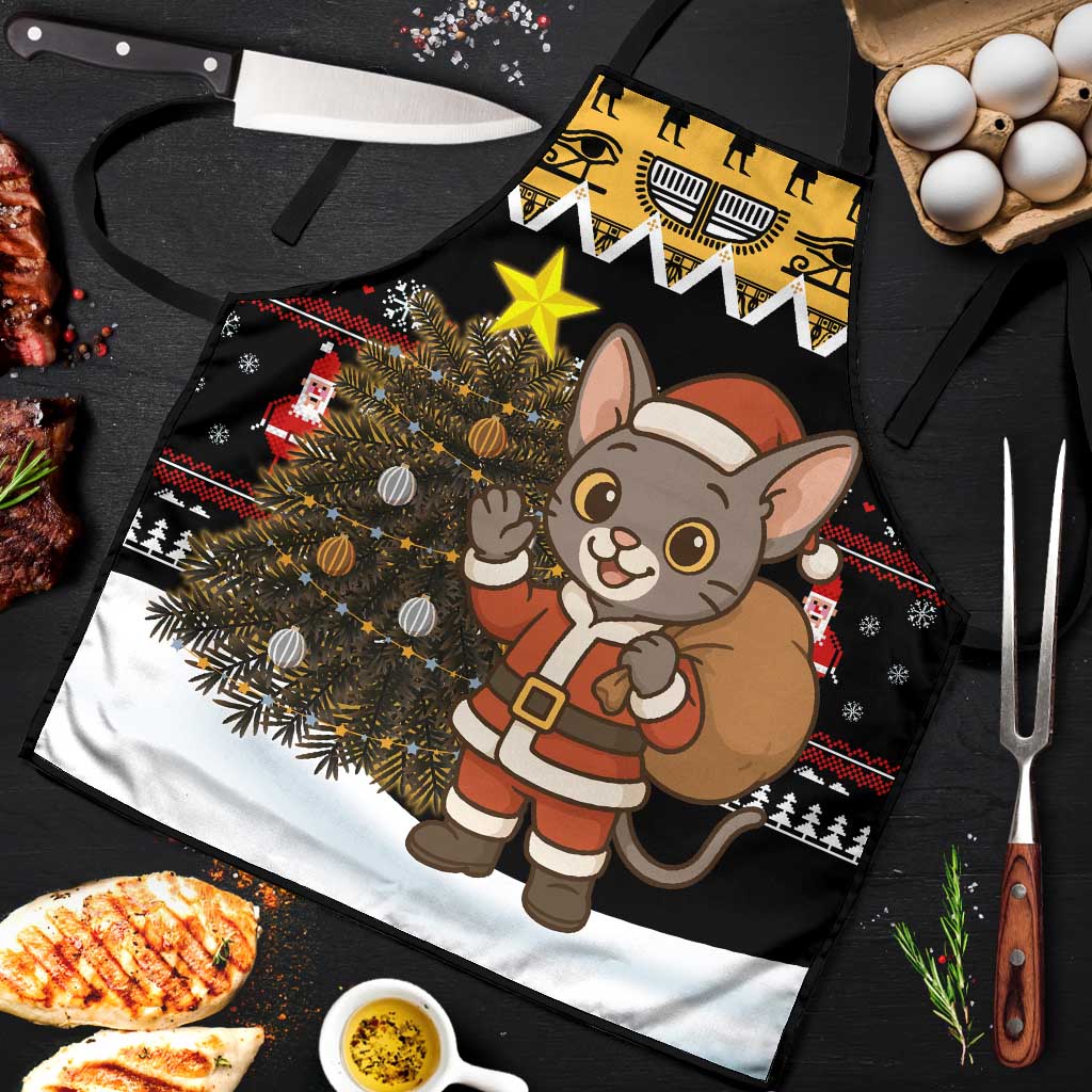 Egypt Christmas Apron with Santa Cat Sleigh Reindeer Christmas Tree and Ancient Hieroglyphic - Wonder Print Shop