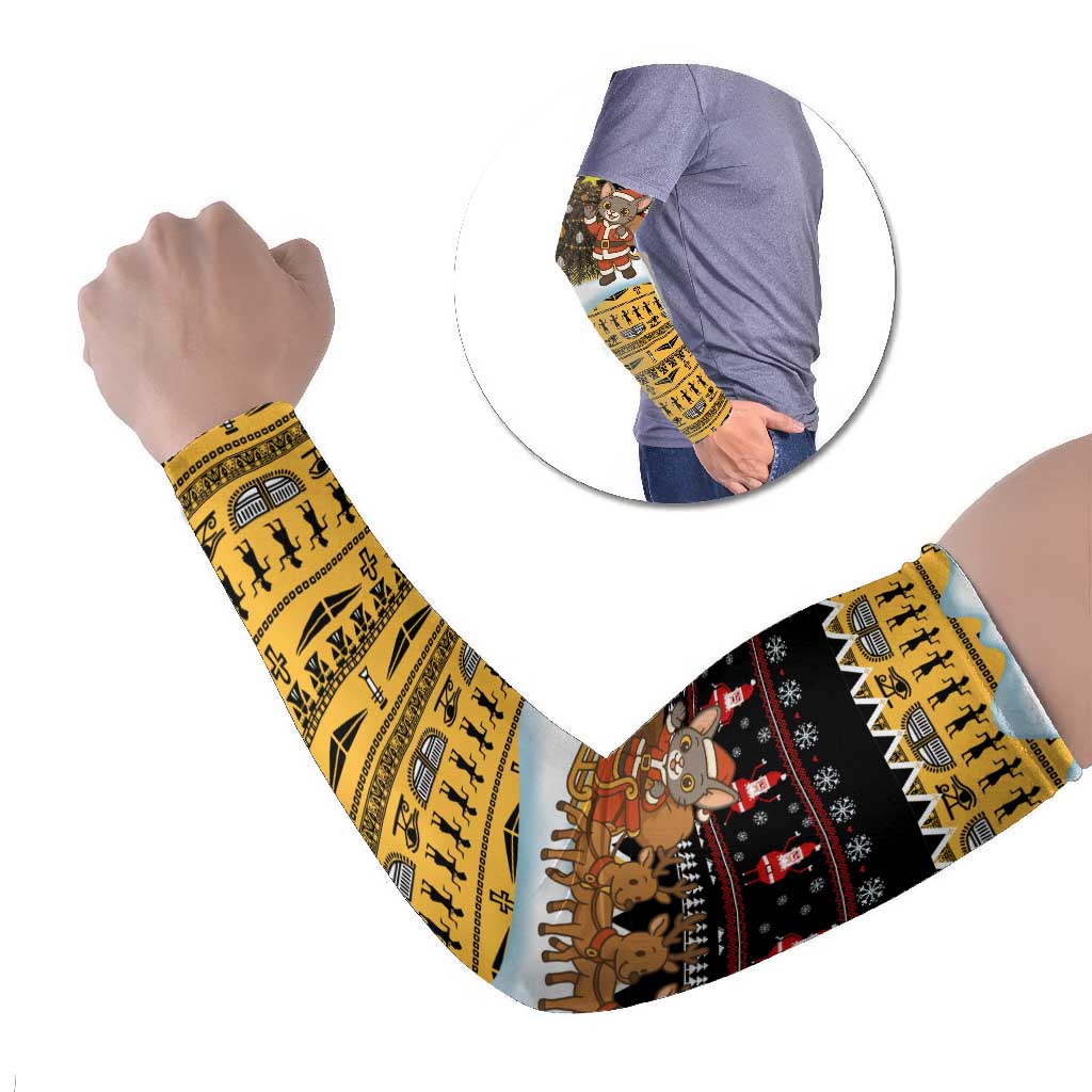 Egypt Christmas Arm Sleeves with Santa Cat Sleigh Reindeer Christmas Tree and Ancient Hieroglyphic - Wonder Print Shop
