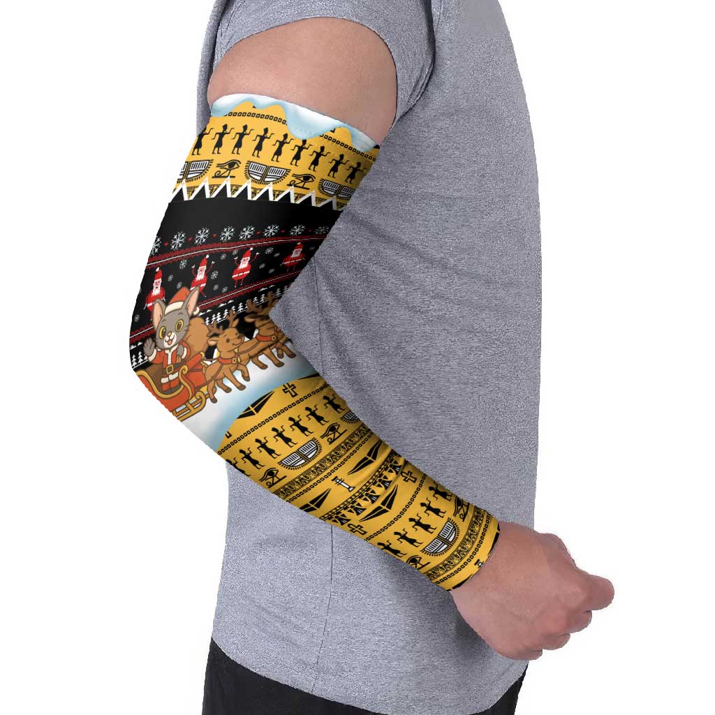 Egypt Christmas Arm Sleeves with Santa Cat Sleigh Reindeer Christmas Tree and Ancient Hieroglyphic - Wonder Print Shop