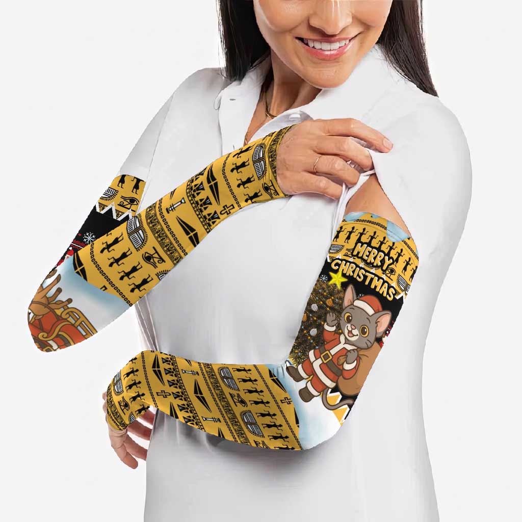 Egypt Christmas Arm Sleeves with Santa Cat Sleigh Reindeer Christmas Tree and Ancient Hieroglyphic - Wonder Print Shop