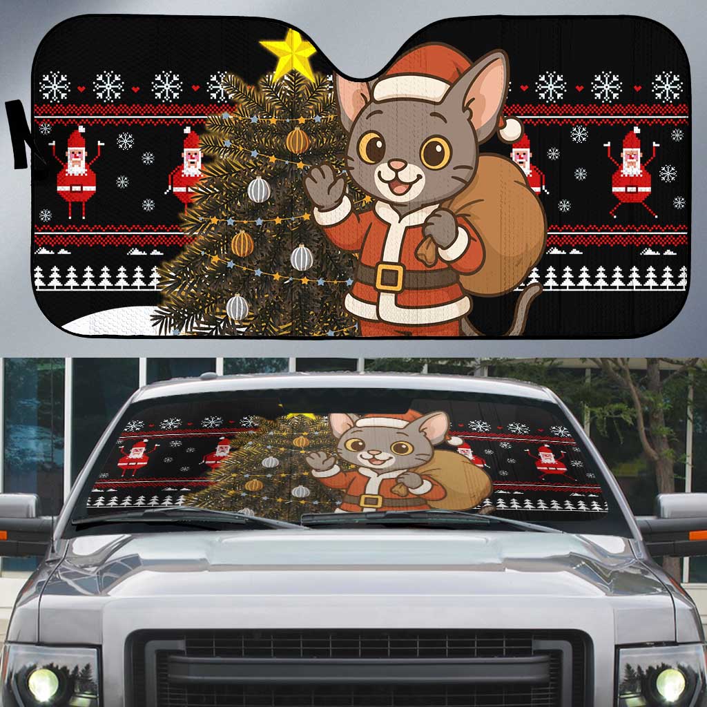 Egypt Christmas Auto Sun Shade with Santa Cat Sleigh Reindeer Christmas Tree and Ancient Hieroglyphic - Wonder Print Shop