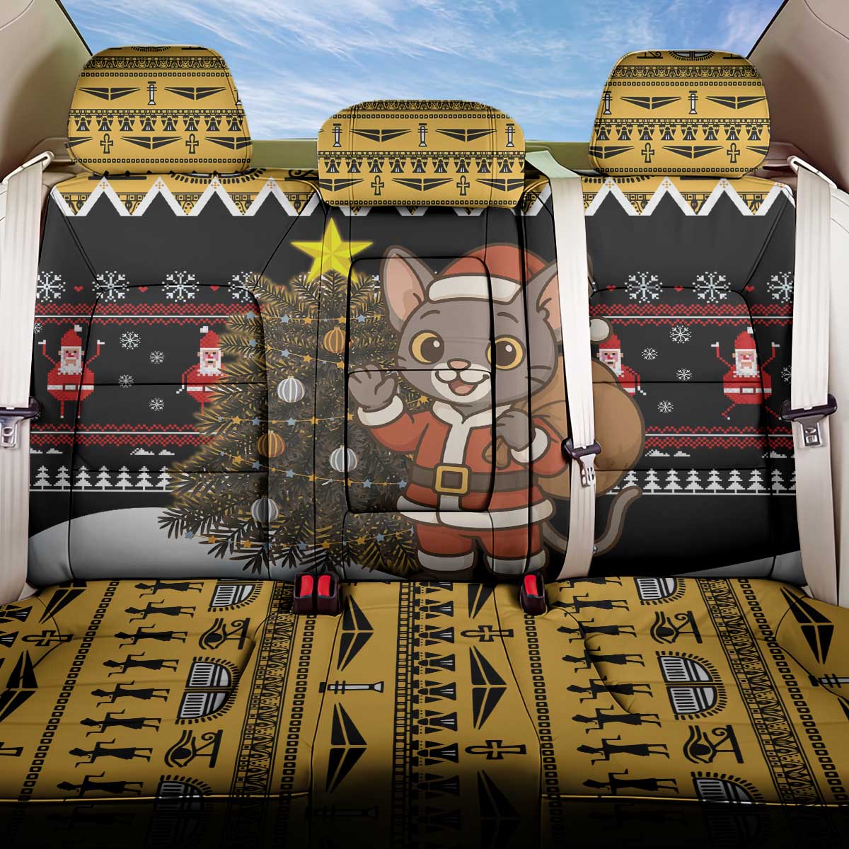 Egypt Christmas Back Car Seat Cover with Santa Cat Sleigh Reindeer Christmas Tree and Ancient Hieroglyphic - Wonder Print Shop