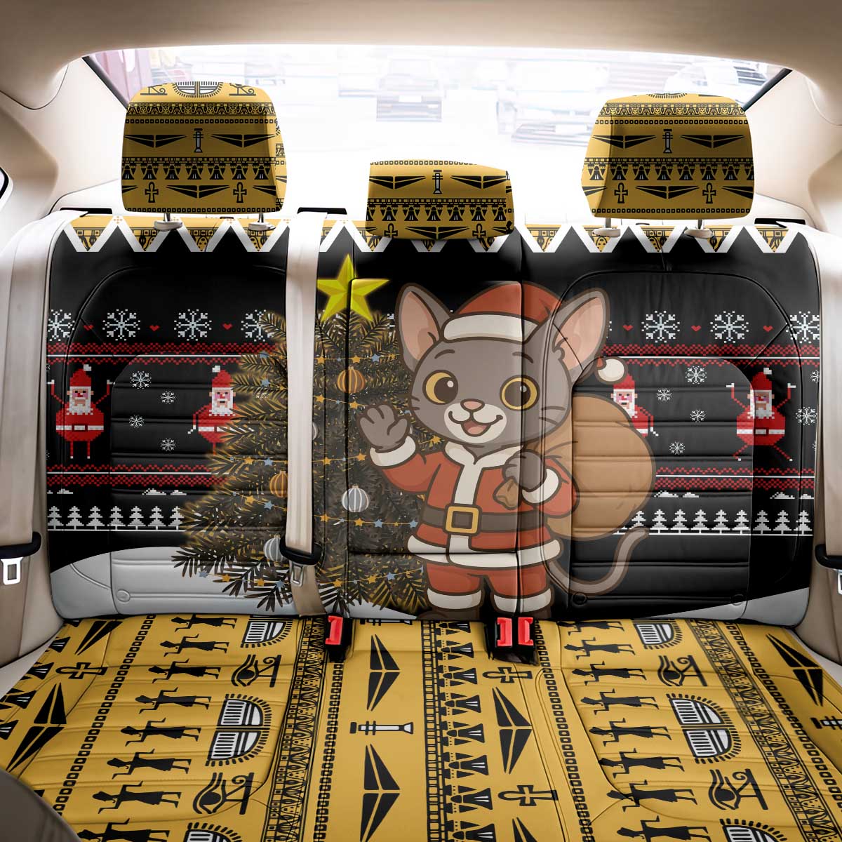 Egypt Christmas Back Car Seat Cover with Santa Cat Sleigh Reindeer Christmas Tree and Ancient Hieroglyphic - Wonder Print Shop