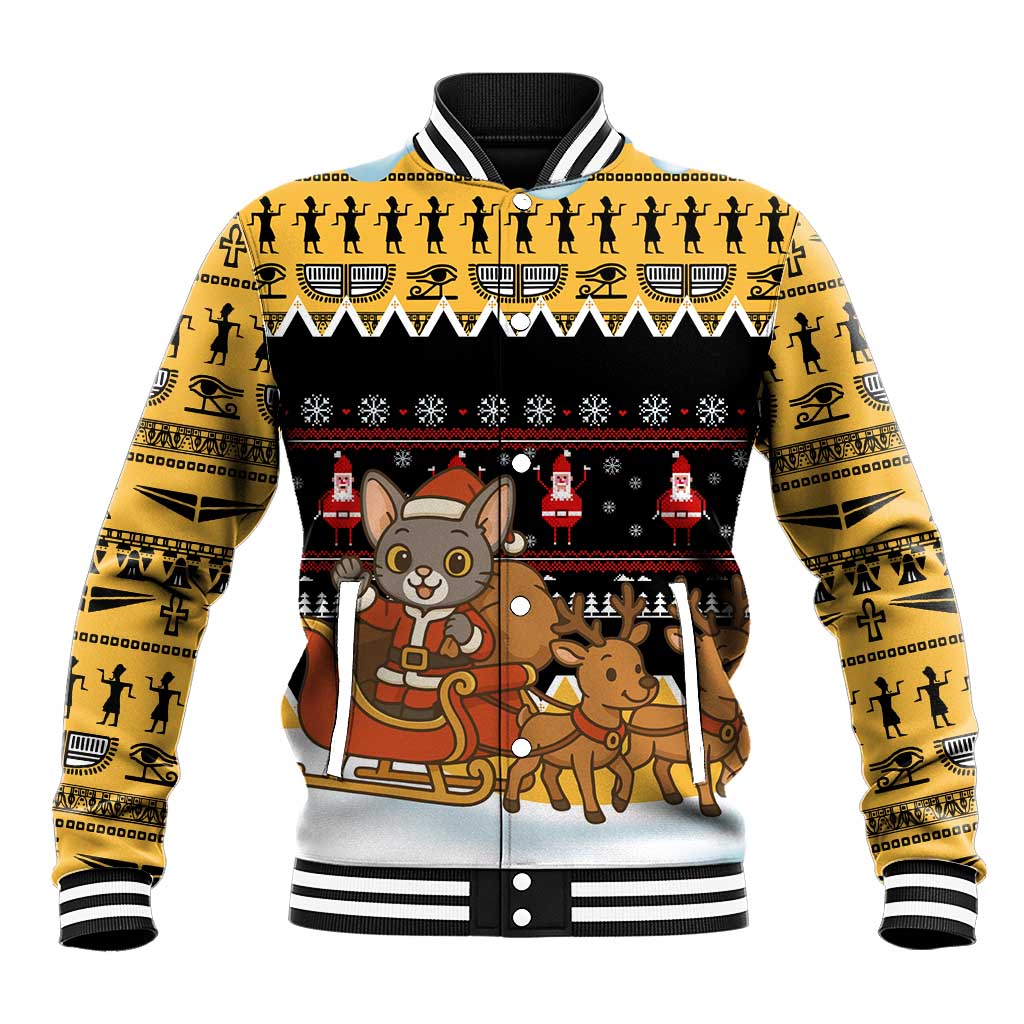Egypt Christmas Baseball Jacket with Santa Cat Sleigh Reindeer Christmas Tree and Ancient Hieroglyphic - Wonder Print Shop