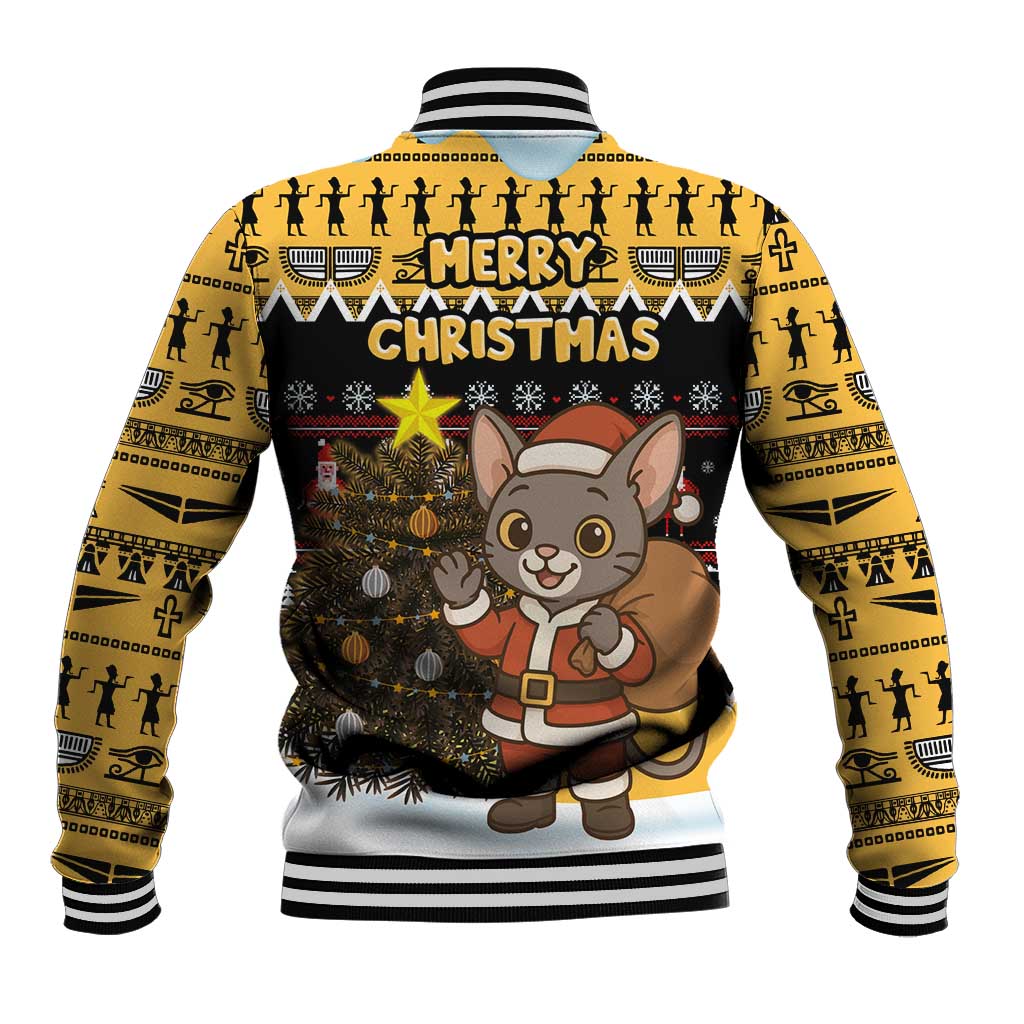 Egypt Christmas Baseball Jacket with Santa Cat Sleigh Reindeer Christmas Tree and Ancient Hieroglyphic - Wonder Print Shop