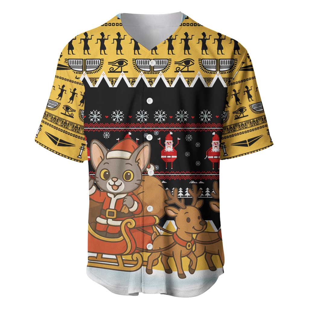 Egypt Christmas Baseball Jersey with Santa Cat Sleigh Reindeer Christmas Tree and Ancient Hieroglyphic - Wonder Print Shop