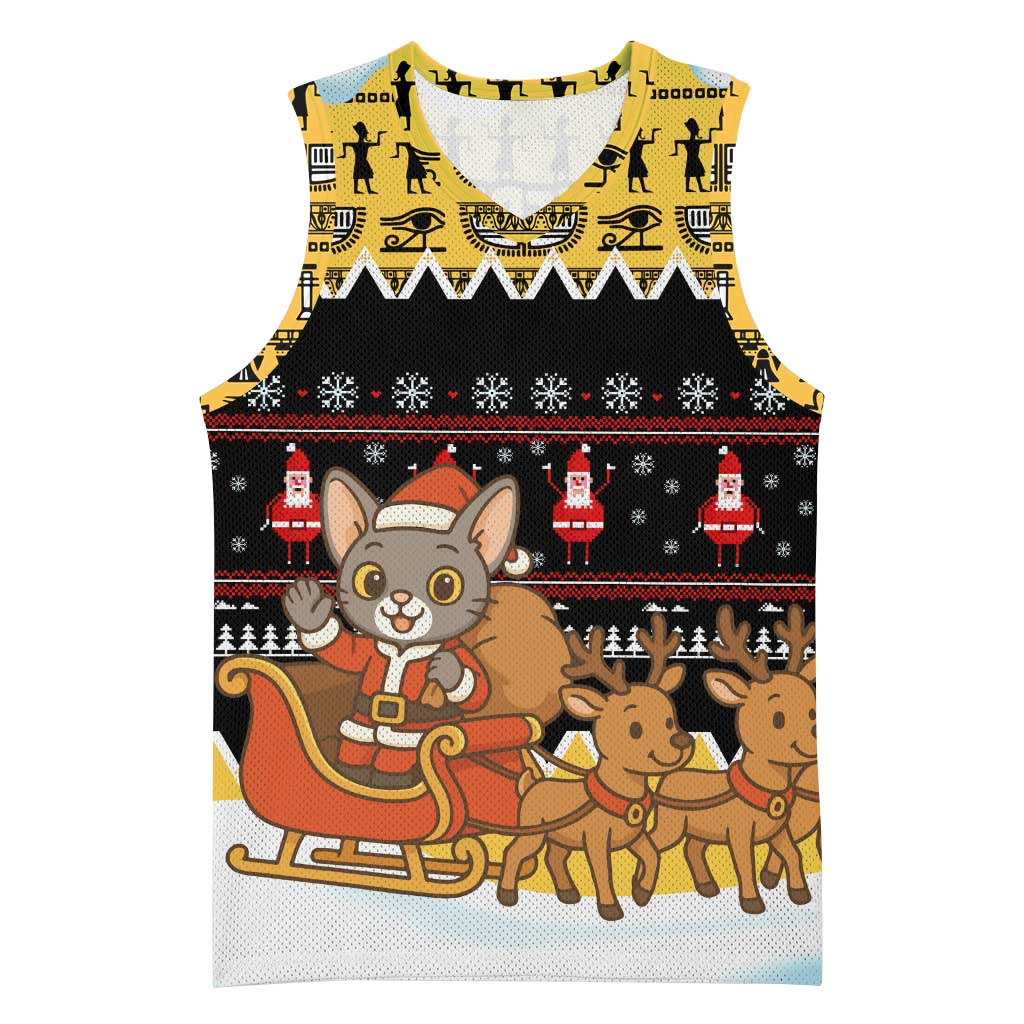 Egypt Christmas Basketball Jersey with Santa Cat Sleigh Reindeer Christmas Tree and Ancient Hieroglyphic - Wonder Print Shop