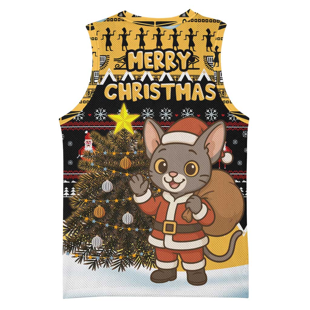 Egypt Christmas Basketball Jersey with Santa Cat Sleigh Reindeer Christmas Tree and Ancient Hieroglyphic - Wonder Print Shop