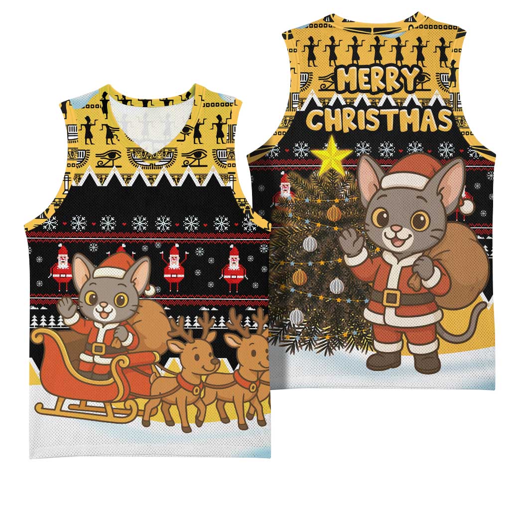 Egypt Christmas Basketball Jersey with Santa Cat Sleigh Reindeer Christmas Tree and Ancient Hieroglyphic - Wonder Print Shop