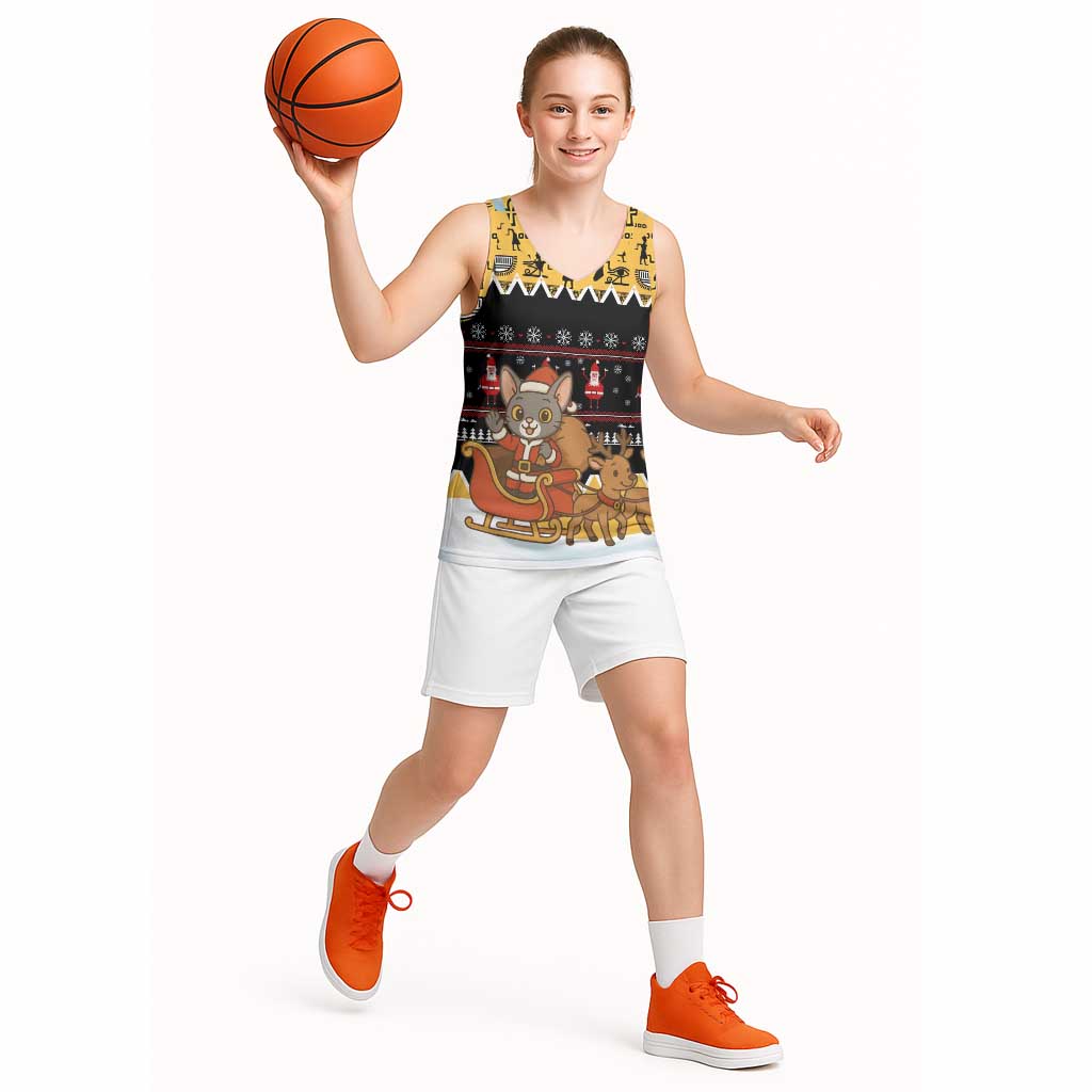 Egypt Christmas Basketball Jersey with Santa Cat Sleigh Reindeer Christmas Tree and Ancient Hieroglyphic - Wonder Print Shop