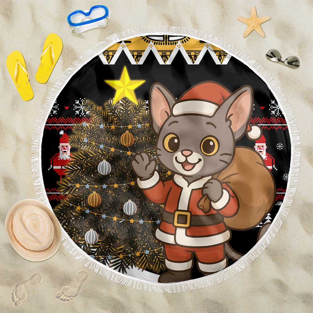 Egypt Christmas Beach Blanket with Santa Cat Sleigh Reindeer Christmas Tree and Ancient Hieroglyphic - Wonder Print Shop