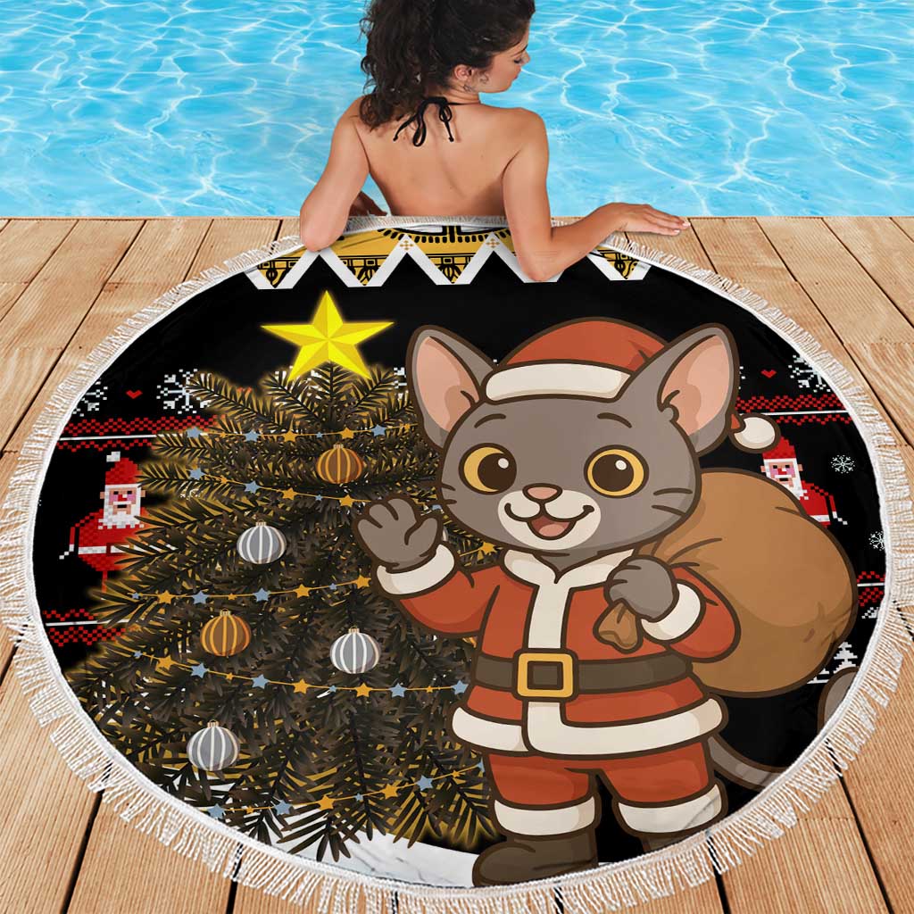 Egypt Christmas Beach Blanket with Santa Cat Sleigh Reindeer Christmas Tree and Ancient Hieroglyphic - Wonder Print Shop