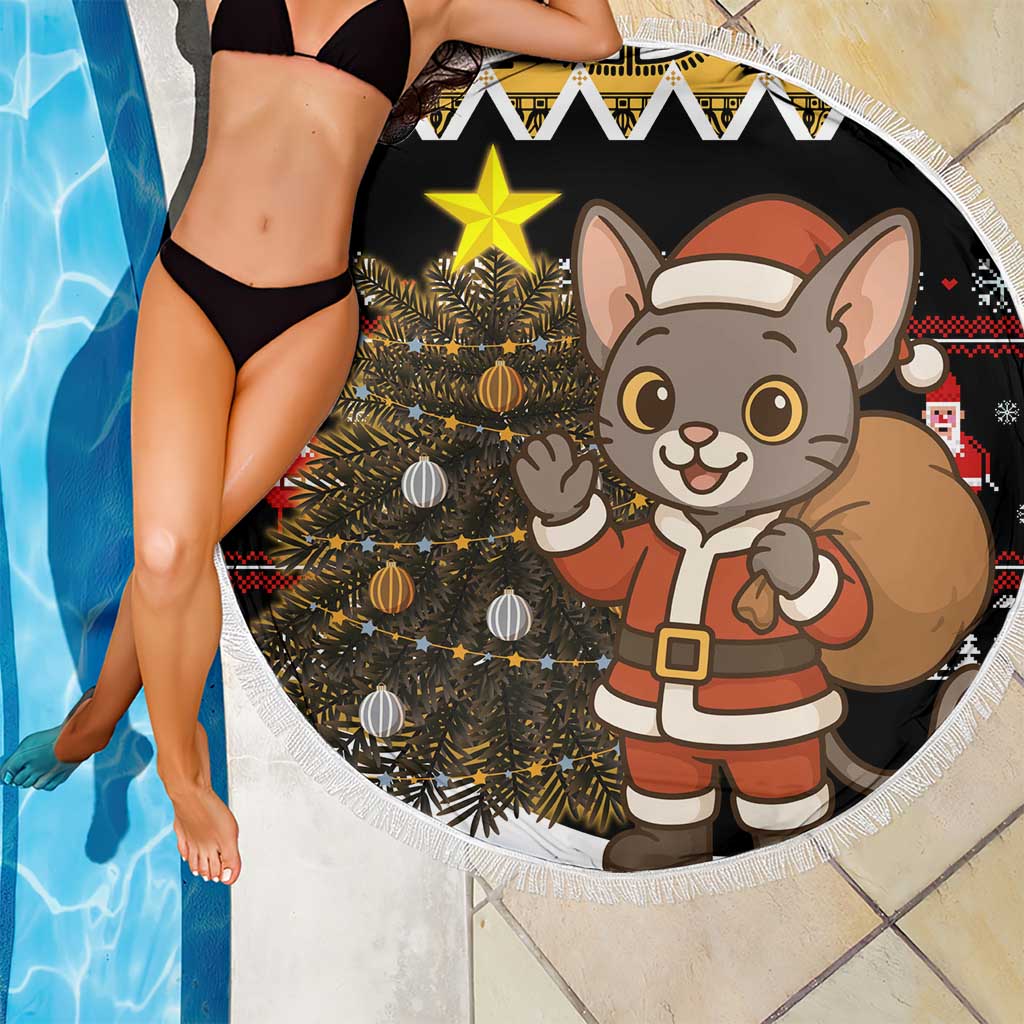 Egypt Christmas Beach Blanket with Santa Cat Sleigh Reindeer Christmas Tree and Ancient Hieroglyphic - Wonder Print Shop