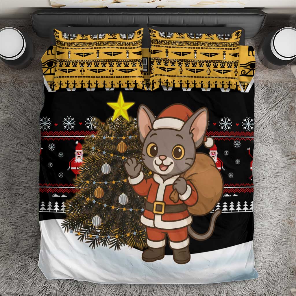 Egypt Christmas Bedding Set with Santa Cat Sleigh Reindeer Christmas Tree and Ancient Hieroglyphic - Wonder Print Shop