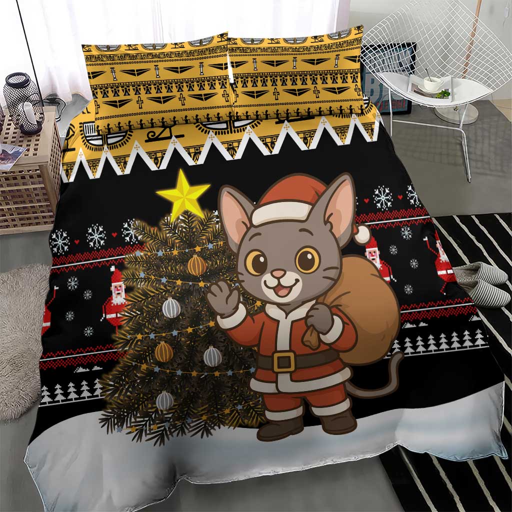 Egypt Christmas Bedding Set with Santa Cat Sleigh Reindeer Christmas Tree and Ancient Hieroglyphic - Wonder Print Shop