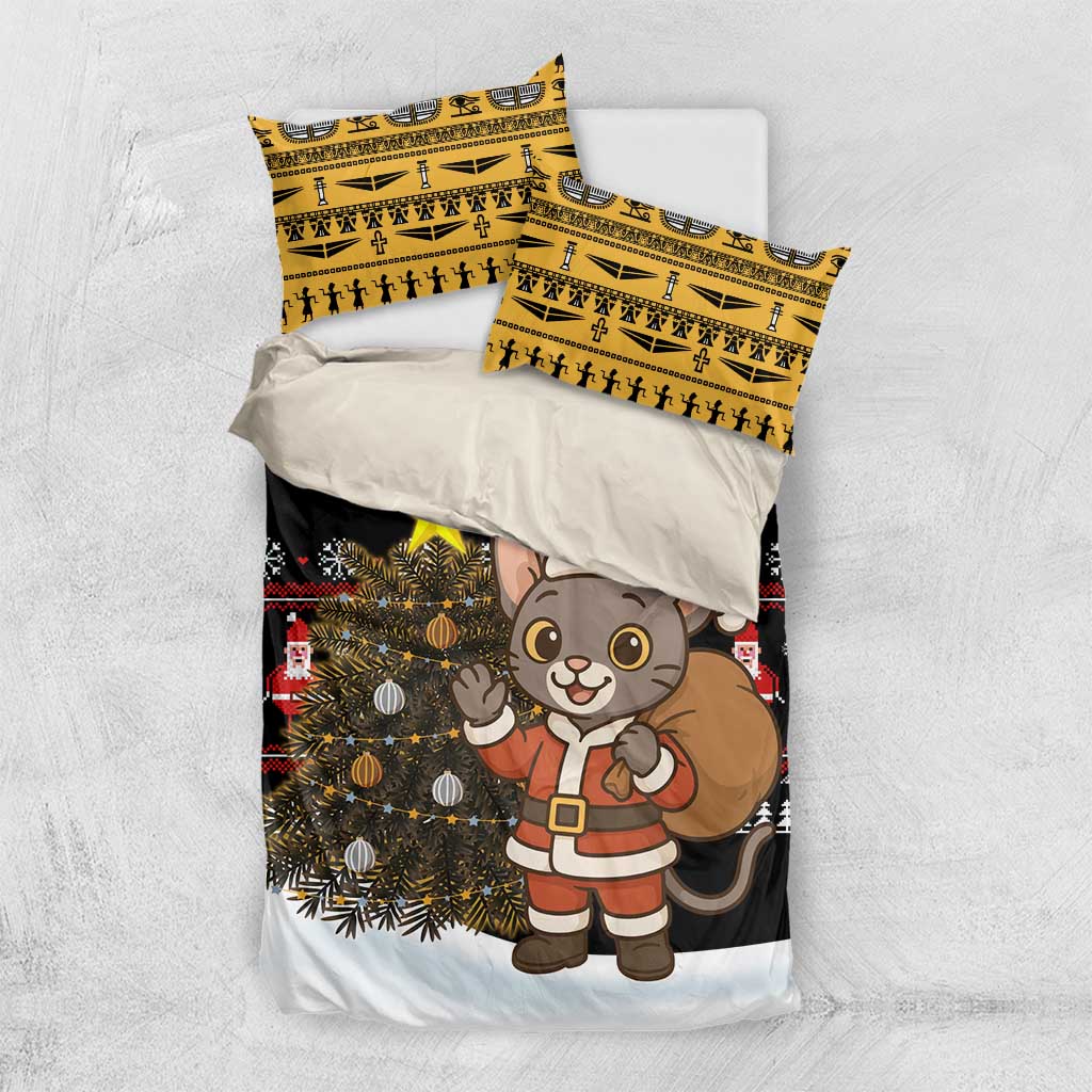 Egypt Christmas Bedding Set with Santa Cat Sleigh Reindeer Christmas Tree and Ancient Hieroglyphic - Wonder Print Shop