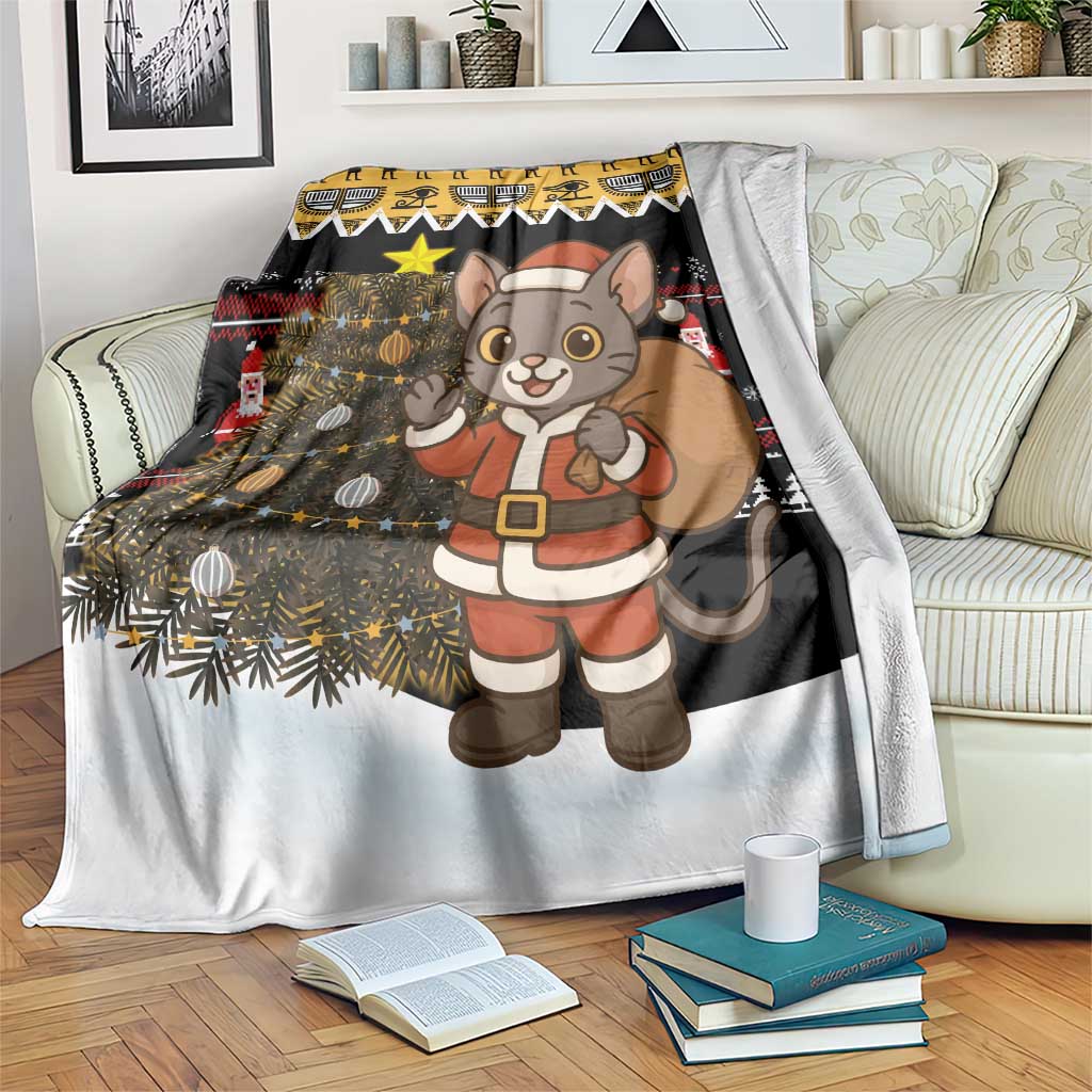 Egypt Christmas Blanket with Santa Cat Sleigh Reindeer Christmas Tree and Ancient Hieroglyphic - Wonder Print Shop