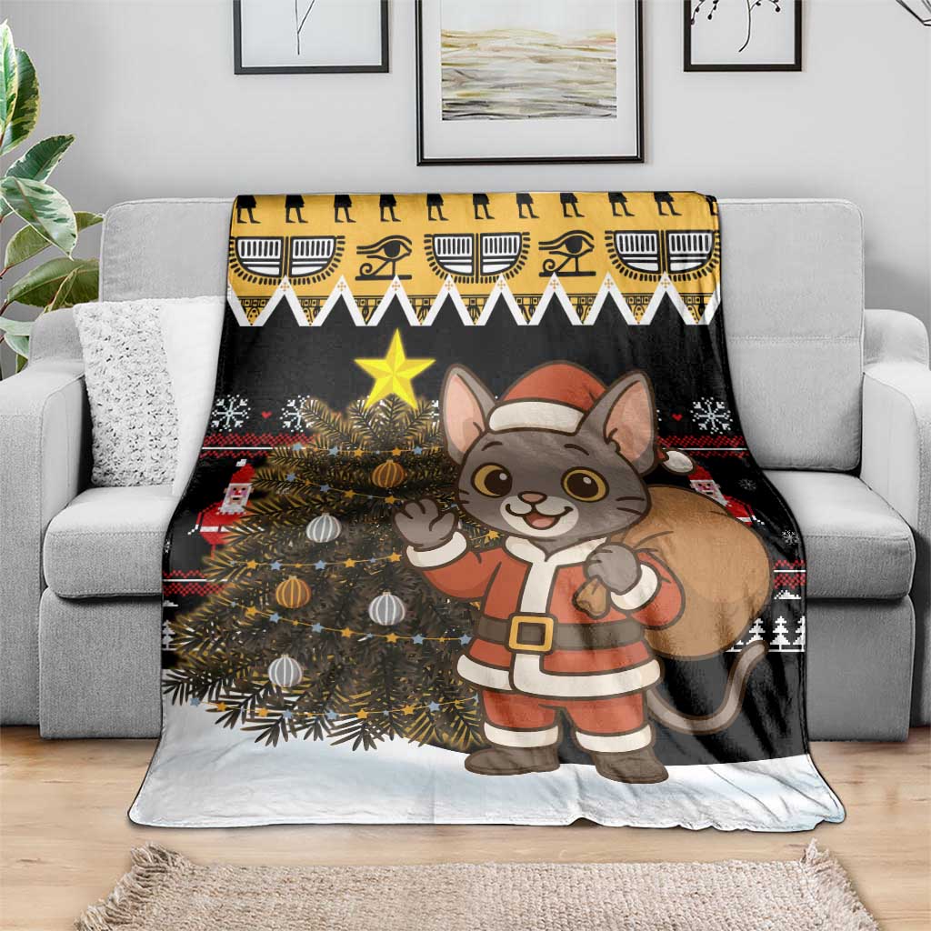 Egypt Christmas Blanket with Santa Cat Sleigh Reindeer Christmas Tree and Ancient Hieroglyphic - Wonder Print Shop