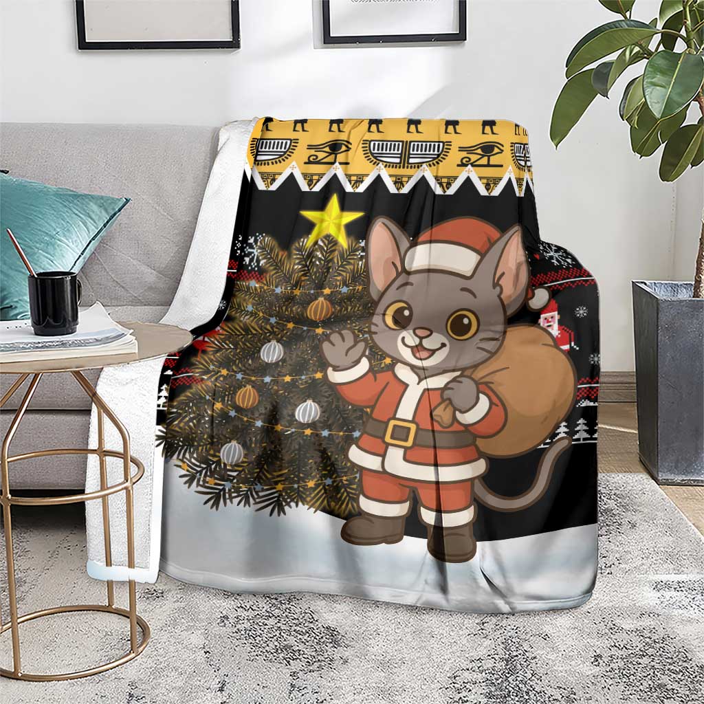 Egypt Christmas Blanket with Santa Cat Sleigh Reindeer Christmas Tree and Ancient Hieroglyphic - Wonder Print Shop