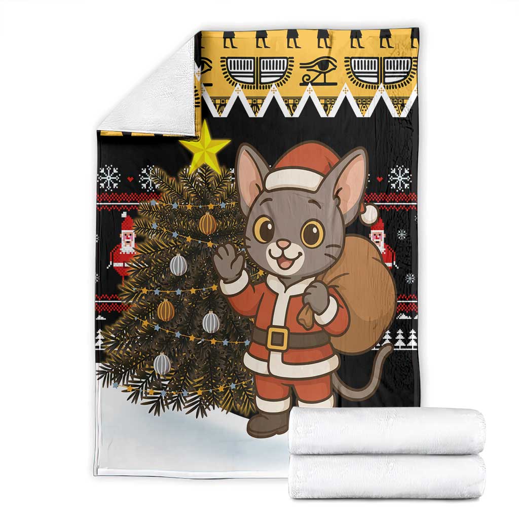 Egypt Christmas Blanket with Santa Cat Sleigh Reindeer Christmas Tree and Ancient Hieroglyphic - Wonder Print Shop