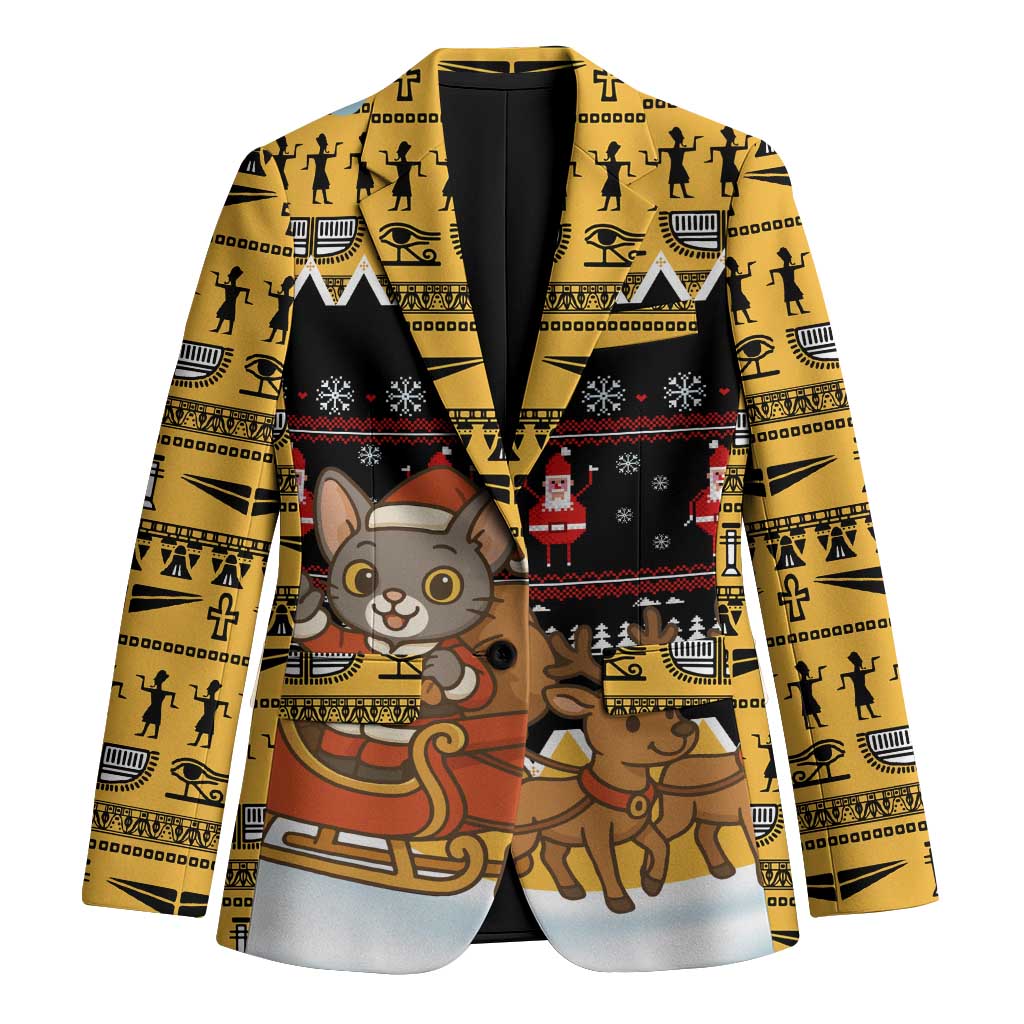 Egypt Christmas Blazer with Santa Cat Sleigh Reindeer Christmas Tree and Ancient Hieroglyphic - Wonder Print Shop