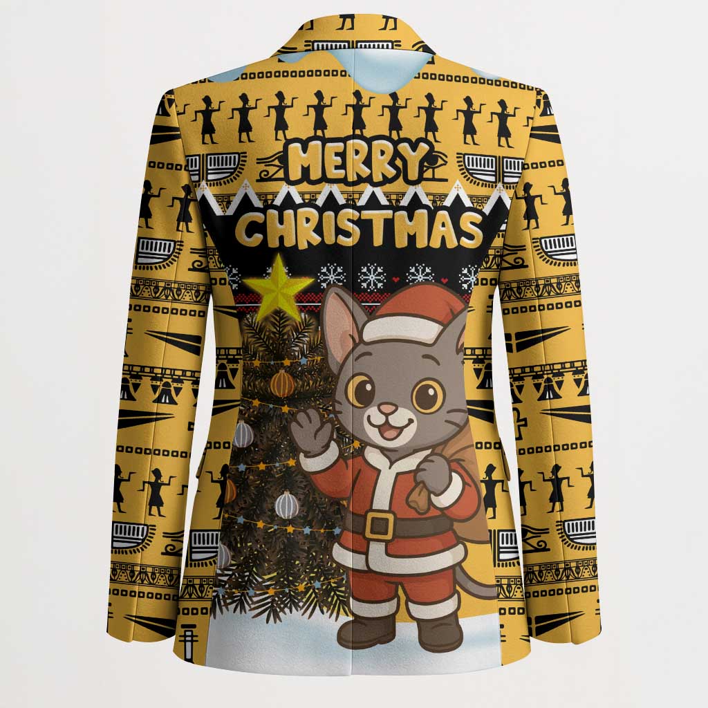 Egypt Christmas Blazer with Santa Cat Sleigh Reindeer Christmas Tree and Ancient Hieroglyphic - Wonder Print Shop