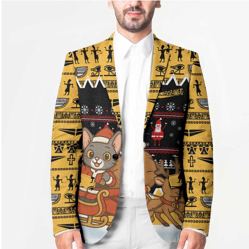 Egypt Christmas Blazer with Santa Cat Sleigh Reindeer Christmas Tree and Ancient Hieroglyphic - Wonder Print Shop