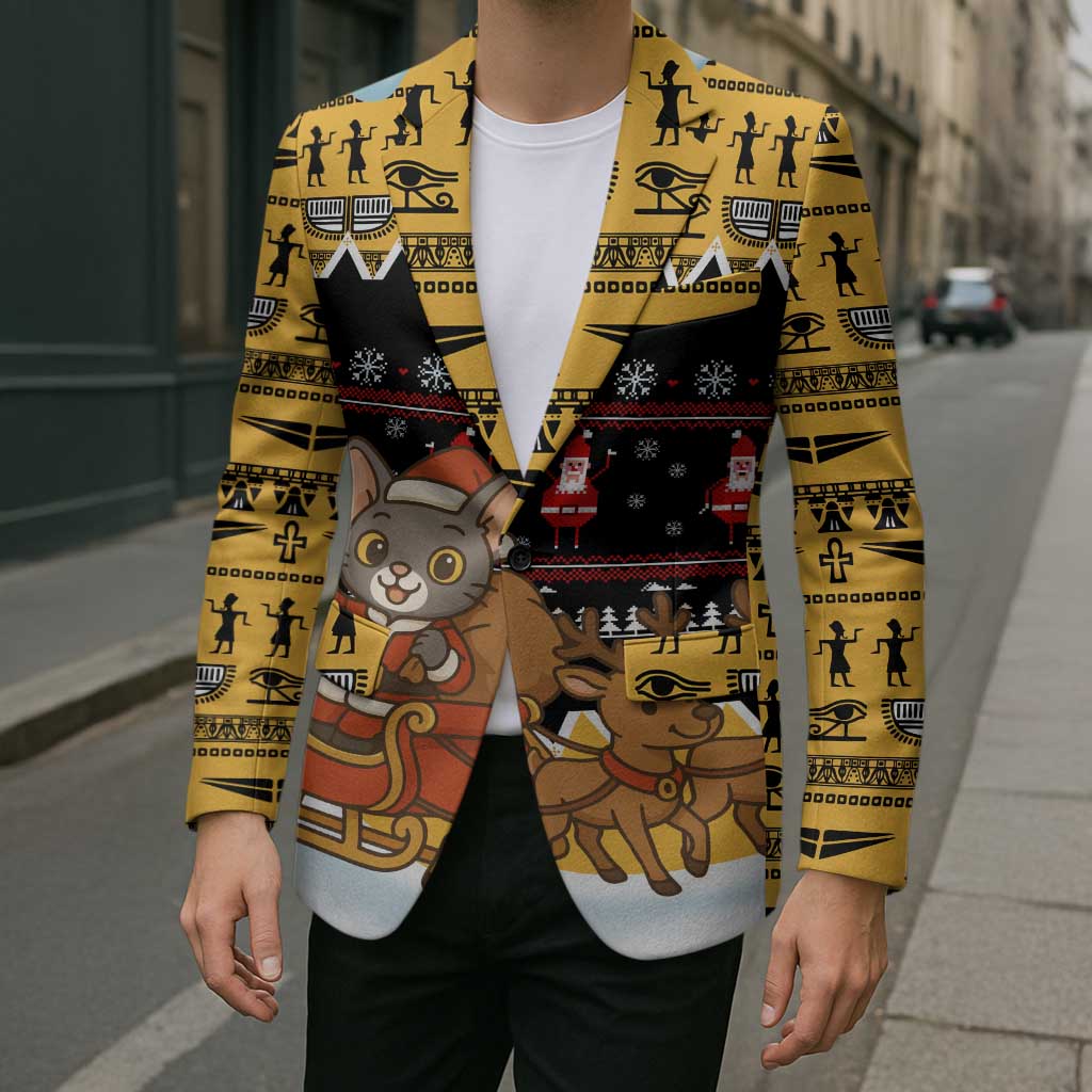 Egypt Christmas Blazer with Santa Cat Sleigh Reindeer Christmas Tree and Ancient Hieroglyphic - Wonder Print Shop