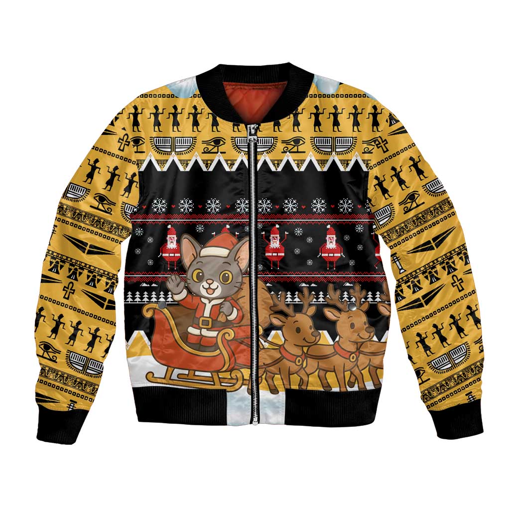 Egypt Christmas Bomber Jacket with Santa Cat Sleigh Reindeer Christmas Tree and Ancient Hieroglyphic - Wonder Print Shop