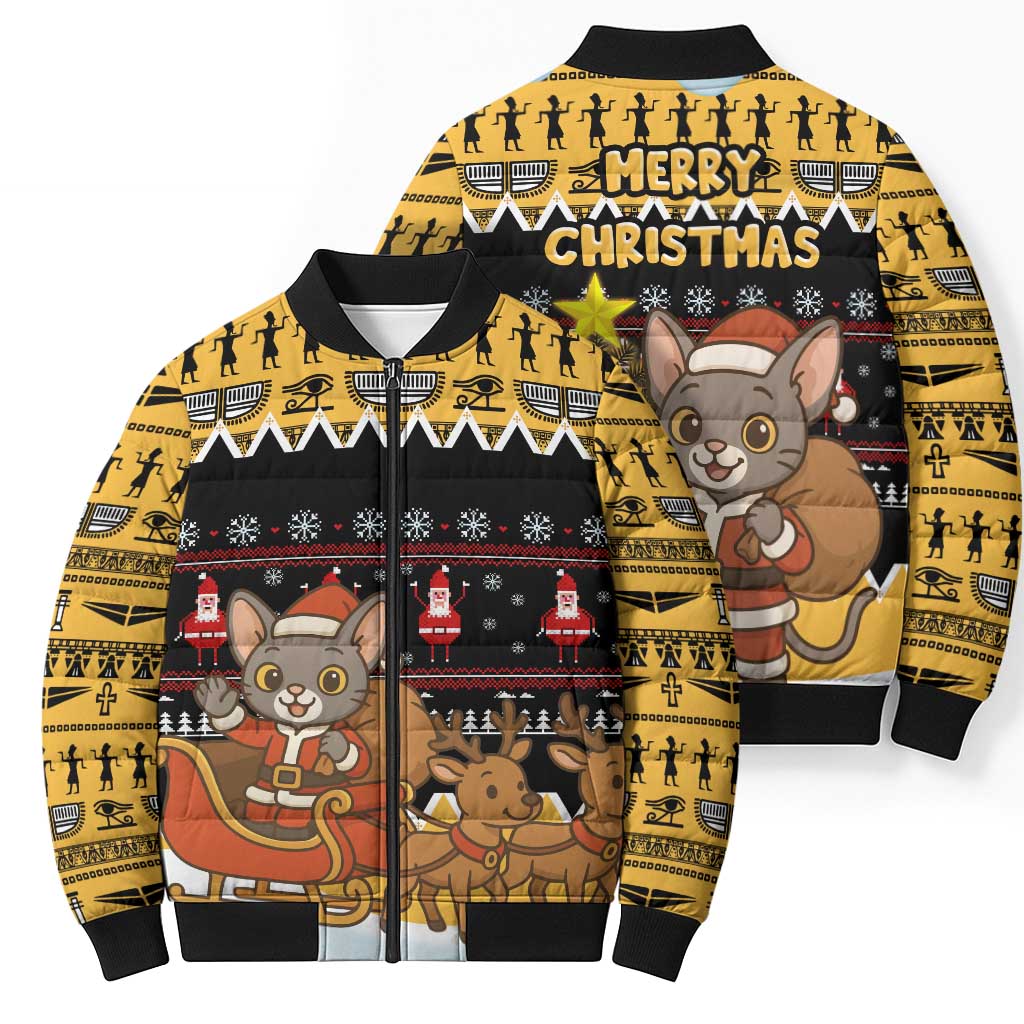Egypt Christmas Bomber Puffer Jacket with Santa Cat Sleigh Reindeer Christmas Tree and Ancient Hieroglyphic - Wonder Print Shop