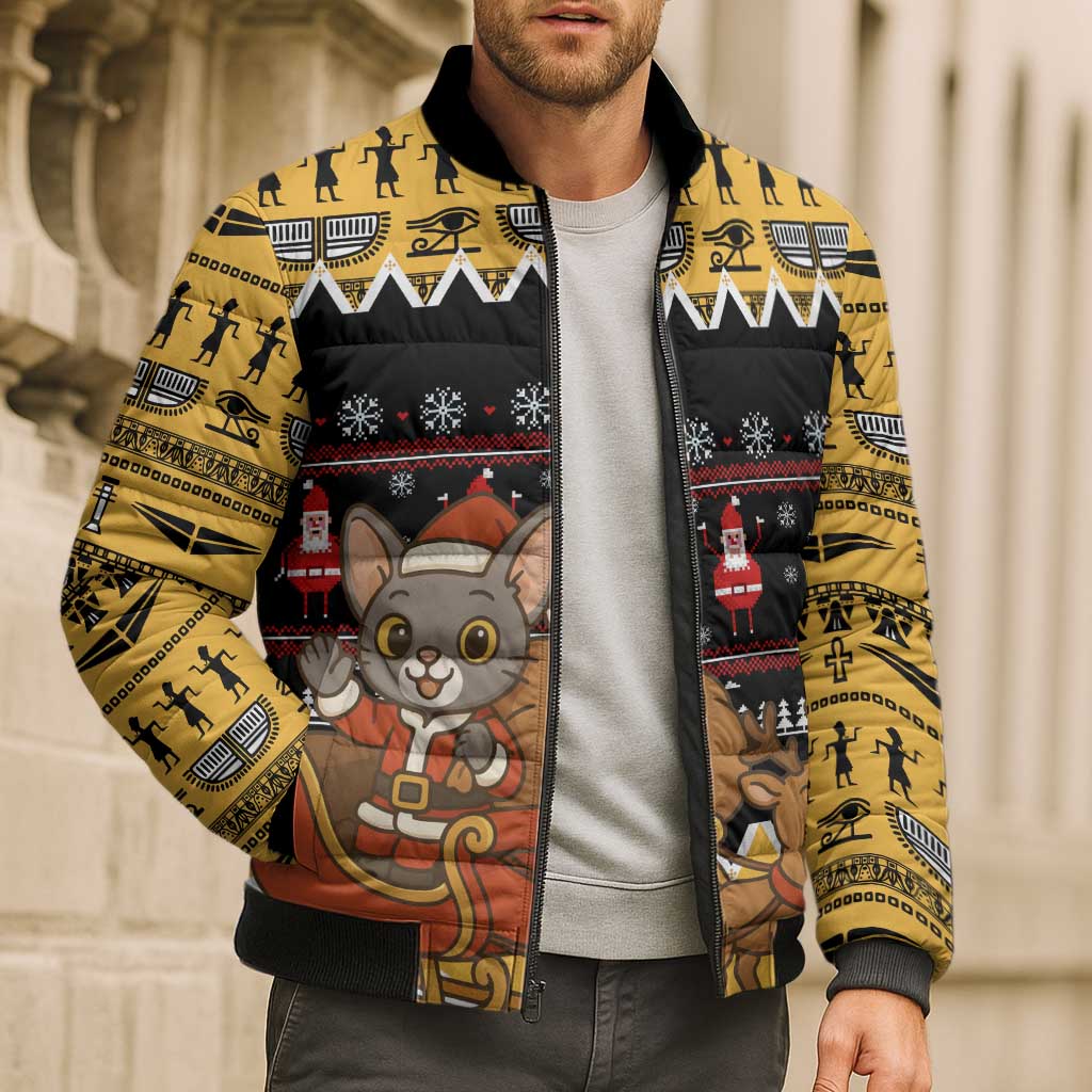 Egypt Christmas Bomber Puffer Jacket with Santa Cat Sleigh Reindeer Christmas Tree and Ancient Hieroglyphic - Wonder Print Shop
