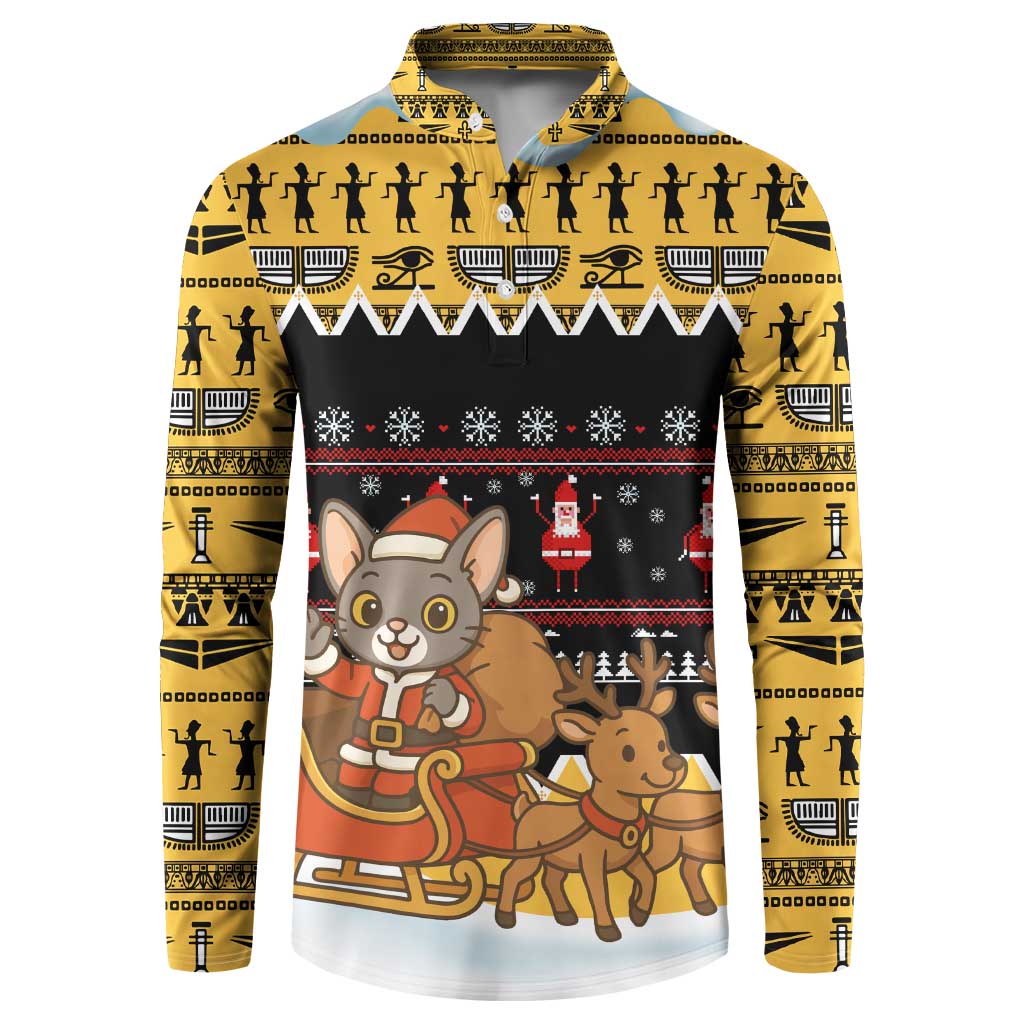 Egypt Christmas Button Sweatshirt with Santa Cat Sleigh Reindeer Christmas Tree and Ancient Hieroglyphic - Wonder Print Shop