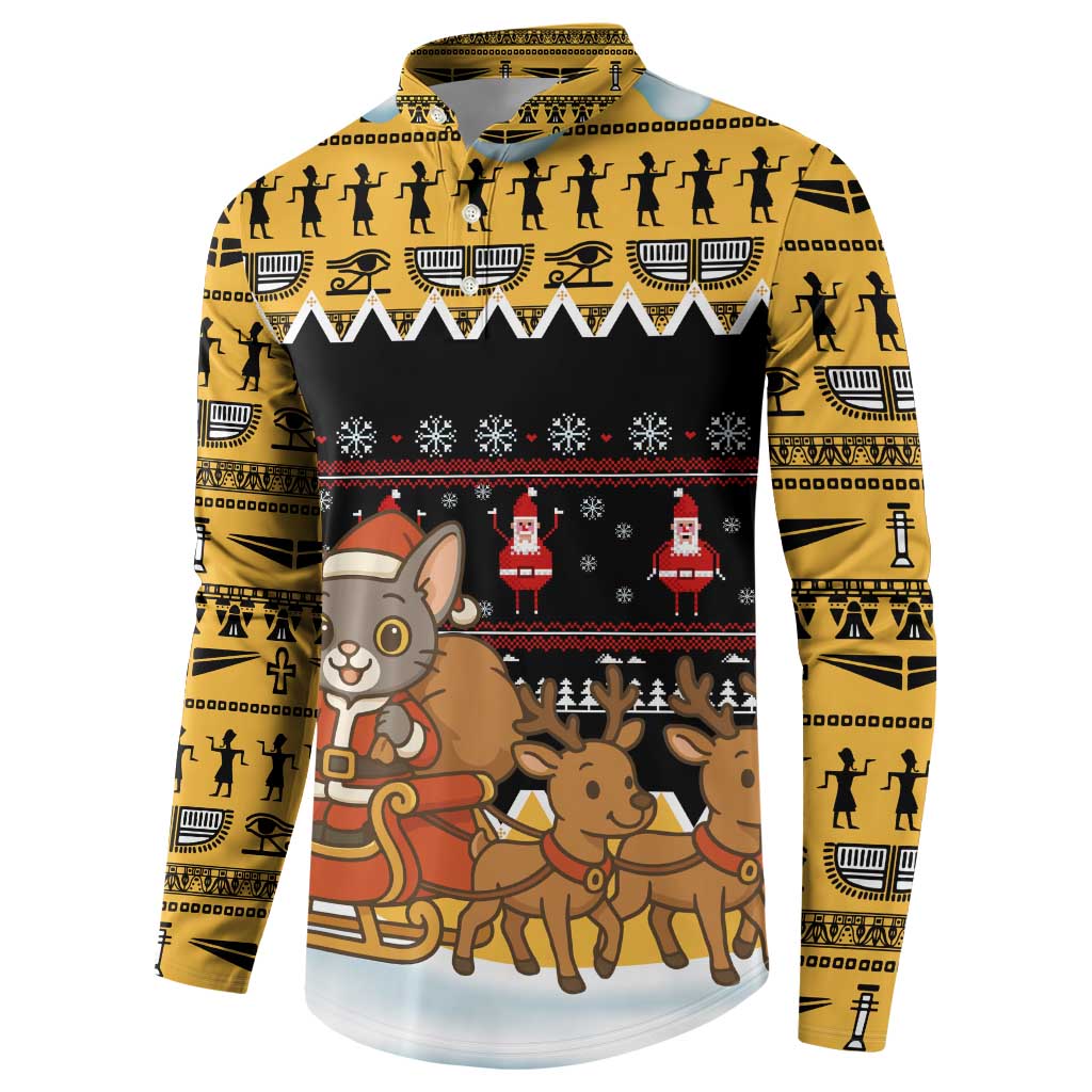Egypt Christmas Button Sweatshirt with Santa Cat Sleigh Reindeer Christmas Tree and Ancient Hieroglyphic - Wonder Print Shop