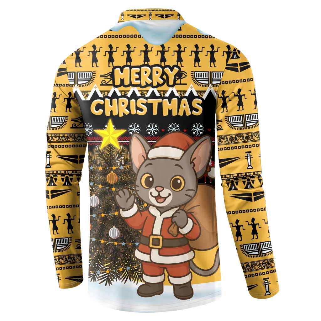 Egypt Christmas Button Sweatshirt with Santa Cat Sleigh Reindeer Christmas Tree and Ancient Hieroglyphic - Wonder Print Shop