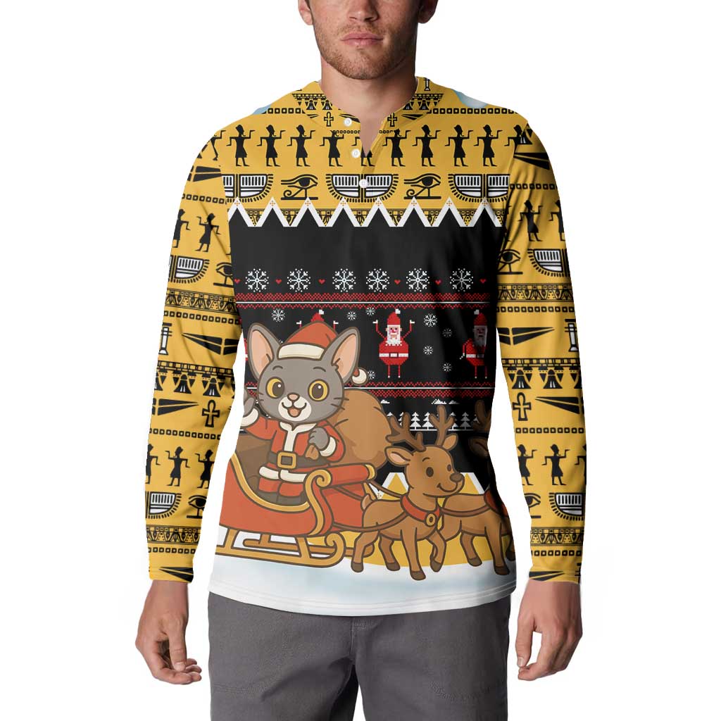 Egypt Christmas Button Sweatshirt with Santa Cat Sleigh Reindeer Christmas Tree and Ancient Hieroglyphic - Wonder Print Shop