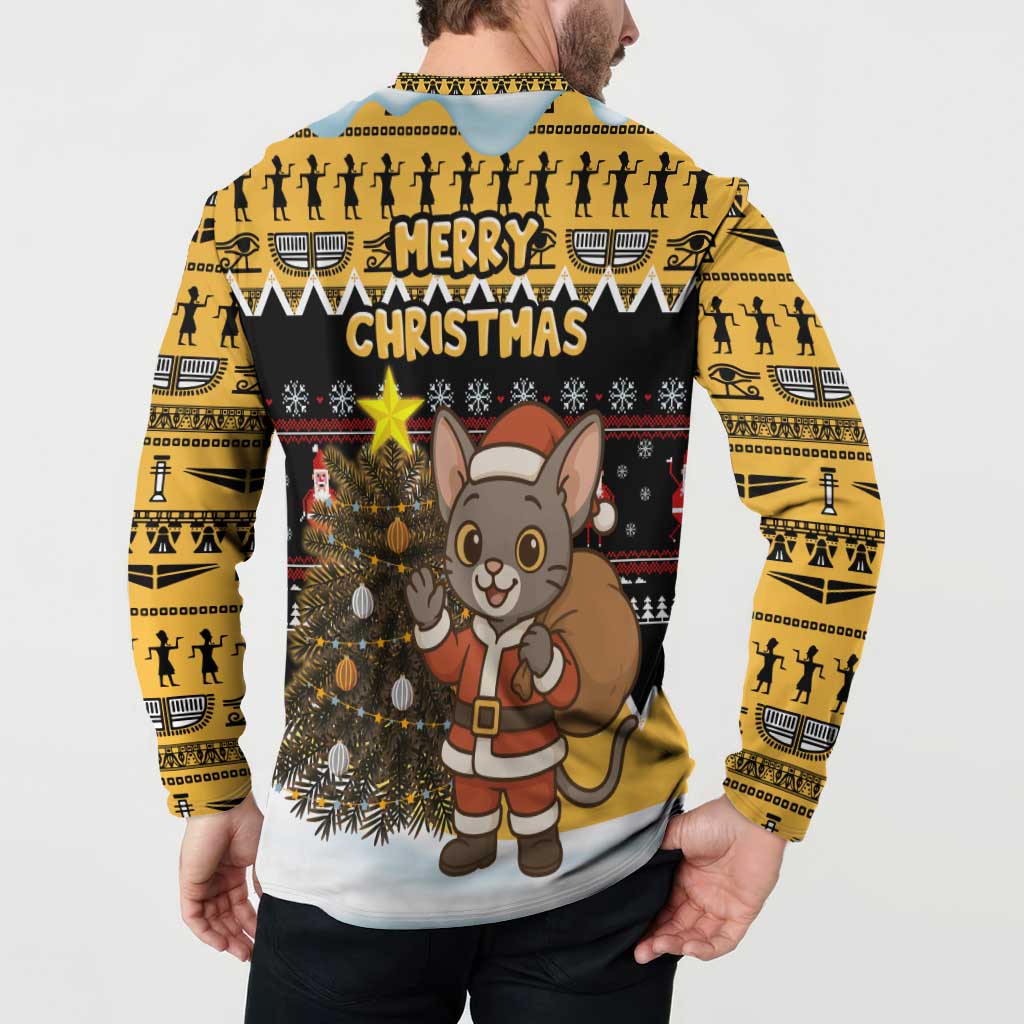 Egypt Christmas Button Sweatshirt with Santa Cat Sleigh Reindeer Christmas Tree and Ancient Hieroglyphic - Wonder Print Shop