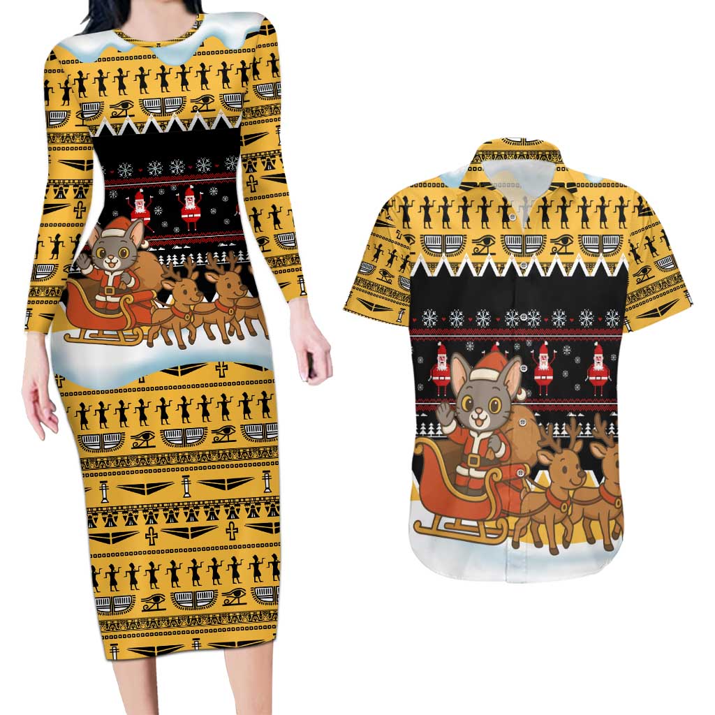 Egypt Christmas Couples Matching Long Sleeve Bodycon Dress and Hawaiian Shirt with Santa Cat Sleigh Reindeer Christmas Tree and Ancient Hieroglyphic - Wonder Print Shop