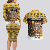 Egypt Christmas Couples Matching Long Sleeve Bodycon Dress and Hawaiian Shirt with Santa Cat Sleigh Reindeer Christmas Tree and Ancient Hieroglyphic - Wonder Print Shop