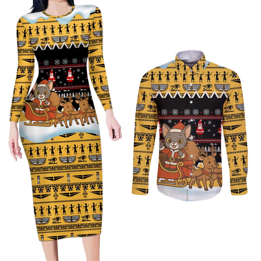 Egypt Christmas Couples Matching Long Sleeve Bodycon Dress and Long Sleeve Button Shirt with Santa Cat Sleigh Reindeer Christmas Tree and Ancient Hieroglyphic - Wonder Print Shop