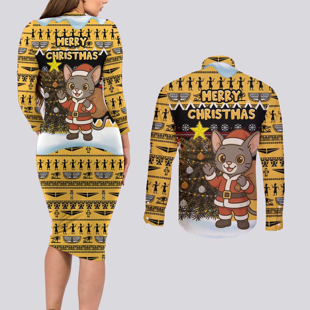 Egypt Christmas Couples Matching Long Sleeve Bodycon Dress and Long Sleeve Button Shirt with Santa Cat Sleigh Reindeer Christmas Tree and Ancient Hieroglyphic - Wonder Print Shop