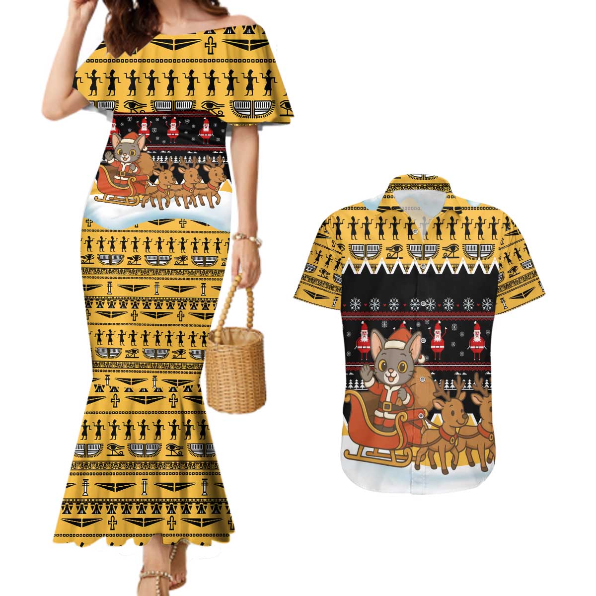 Egypt Christmas Couples Matching Mermaid Dress and Hawaiian Shirt with Santa Cat Sleigh Reindeer Christmas Tree and Ancient Hieroglyphic - Wonder Print Shop